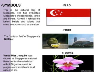 •SYMBOLS
This is the national flag of
Singapore. The flag symbolize
Singapore's independence, pride
and honors. As well, it reflects the
ideals, beliefs and values that
make everyone stand as a nation.
The “national fruit” of Singapore is
DURIAN.
FLAG
FRUIT
Vanda Miss Joaquim was
chosen as Singapore's national
flower as it's characteristics
reflect Singapore quest for
progress and excellence in all
aspect of life.
FLOWER
 