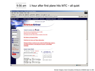 9:56 am Brendan Hodgson, Senior Consultant, HK Netcoms (CANADA) Sept 14, 2001 1 hour after first plane hits WTC – all quiet 