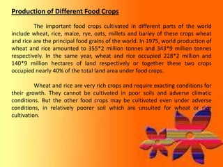 Production of Different Food Crops
         The important food crops cultivated in different parts of the world
include wheat, rice, maize, rye, oats, millets and barley of these crops wheat
and rice are the principal food grains of the world. In 1975, world production of
wheat and rice amounted to 355*2 million tonnes and 343*9 million tonnes
respectively. In the same year, wheat and rice occupied 228*2 million and
140*9 million hectares of land respectively or together these two crops
occupied nearly 40% of the total land area under food crops.

          Wheat and rice are very rich crops and require exacting conditions for
their growth. They cannot be cultivated in poor soils and adverse climatic
conditions. But the other food crops may be cultivated even under adverse
conditions, in relatively poorer soil which are unsuited for wheat or rice
cultivation.
 