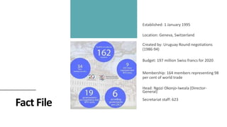 Fact File
Established: 1 January 1995
Head: Ngozi Okonjo-Iweala (Director-
General)
Location: Geneva, Switzerland
Secretariat staff: 623
Created by: Uruguay Round negotiations
(1986-94)
Budget: 197 million Swiss francs for 2020
Membership: 164 members representing 98
per cent of world trade
 