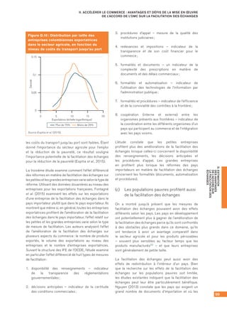 99
D.ESTIMATION
DESAVANTAGES
DEL’ACCORDSUR
LAFACILITATIONDES
ÉCHANGES
II. ACCÉLÉRER LE COMMERCE : AVANTAGES ET DÉFIS DE LA MISE EN ŒUVRE
DE L’ACCORD DE L’OMC SUR LA FACILITATION DES ÉCHANGES
les coûts du transport jusqu’au port sont faibles. Étant
donné l’importance du secteur agricole pour l’emploi
et la réduction de la pauvreté, ce résultat souligne
l’importance potentielle de la facilitation des échanges
pour la réduction de la pauvreté (Espitia et al., 2015).
La troisième étude examine comment l’effet différencié
des réformes en matière de facilitation des échanges sur
lespetitesetlesgrandesentreprisesvarieselonletypede
réforme. Utilisant des données douanières au niveau des
entreprises pour les exportations françaises, Fontagné
et al. (2015) examinent les effets sur les exportations
d’une entreprise de la facilitation des échanges dans le
pays importateur plutôt que dans le pays exportateur. Ils
montrent que même si, en général, toutes les entreprises
exportatrices profitent de l’amélioration de la facilitation
des échanges dans le pays importateur, l’effet relatif sur
les petites et les grandes entreprises varie selon le type
de mesure de facilitation. Les auteurs analysent l’effet
de l’amélioration de la facilitation des échanges sur
plusieurs aspects du commerce : le nombre de produits
exportés, le volume des exportations au niveau des
entreprises et le nombre d’entreprises exportatrices.
Suivant la structure des IFE de l’OCDE, l’étude examine
en particulier l’effet différencié de huit types de mesures
de facilitation :
1.	 disponibilité des renseignements – indicateur
de la transparence des réglementations
gouvernementales ;
2.	 décisions anticipées – indicateur de la certitude
des conditions commerciales ;
3.	 procédures d’appel – mesure de la qualité des
institutions judiciaires ;
4.	 redevances et impositions – indicateur de la
transparence et de son coût financier pour le
commerce ;
5.	 formalités et documents – un indicateur de la
complexité des prescriptions en matière de
documents et des délais commerciaux ;
6.	 formalités et automatisation – indicateur de
l’utilisation des technologies de l’information par
l’administration publique ;
7.	 formalités et procédures – indicateur de l’efficience
et de la convivialité des contrôles à la frontière ;
8.	 coopération (interne et externe) entre les
organismes présents aux frontières – indicateur de
la coordination entre les différents organismes d’un
pays qui participent au commerce et de l’intégration
avec les pays voisins.
L’étude constate que les petites entreprises
profitent plus des améliorations de la facilitation des
échanges lorsque celles-ci concernent la disponibilité
des renseignements, les décisions anticipées et
les procédures d’appel. Les grandes entreprises
en profitent plus lorsque les réformes des pays
importateurs en matière de facilitation des échanges
concernent les formalités (documents, automatisation
et procédures).
(c)	 Les populations pauvres profitent aussi
de la facilitation des échanges
On a montré jusqu’à présent que les mesures de
facilitation des échanges pouvaient avoir des effets
différents selon les pays. Les pays en développement
ont potentiellement plus à gagner de l’amélioration de
la facilitation des échanges parce qu’ils sont confrontés
à des obstacles plus grands dans ce domaine, qu’ils
ont tendance à avoir un avantage comparatif dans
le secteur agricole et pour les produits périssables
– souvent plus sensibles au facteur temps que les
produits manufacturés22 – et que leurs entreprises
sont généralement de petite taille.
La facilitation des échanges peut aussi avoir des
effets de redistribution à l’intérieur d’un pays. Bien
que la recherche sur les effets de la facilitation des
échanges sur les populations pauvres soit limitée,
les études existantes indiquent que la facilitation des
échanges peut leur être particulièrement bénéfique.
Nguyen (2013) constate que les pays qui exigent un
grand nombre de documents d’importation et où les
Figure D.10 : Distribution par taille des
entreprises colombiennes exportatrices
dans le secteur agricole, en fonction du
niveau de coûts du transport jusqu’au port
0
0,05
0,1
0,15
0 5 10 15 20
Densité
Exportations (échelle logarithmique)
Plus de 75% Moins de 25%
Source :Espitia et al. (2015).
 