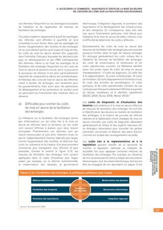 125
E.LESDÉFISDELAMISE
ENŒUVREDEL’ACCORD
SURLAFACILITATIONDES
ÉCHANGES
II. ACCÉLÉRER LE COMMERCE : AVANTAGES ET DÉFIS DE LA MISE EN ŒUVRE
DE L’ACCORD DE L’OMC SUR LA FACILITATION DES ÉCHANGES
Figure E.10 : Facilitation des échanges et politiques publiques plus larges
Réforme institutionelle
Facilitation des transports
Promotion des exportations
Modernisation des douanes
Gouvernance électronique
Intégration régionale
Facilitation
des échanges
Source : Secrétariat de l’OMC.
ces réformes l’emportent sur les avantages escomptés
de l’adoption et de l’application de mesures de
facilitation des échanges.
Ces préoccupations apparaissent quand les avantages
des réformes sont difficiles à quantifier et sont
considérés à court terme. Alors que les avantages en
termes d’augmentation des recettes et des échanges
ne se concrétisent parfois qu’à moyen et long termes,
les coûts de mise en œuvre doivent être supportés
dans l’immédiat. Cela peut dissuader les décideurs des
pays en développement et des PMA d’entreprendre
des réformes, même si, au final, les avantages de la
facilitation des échanges l’emportent sur les coûts de
mise en œuvre et peuvent ensuite servir à poursuivre
le processus de réforme. Il est donc particulièrement
important de comprendre la nature, les caractéristiques
et l’étendue des coûts de mise en œuvre des réformes
visant à faciliter les échanges, non seulement pour
les gouvernements, mais aussi pour les partenaires
de développement et les partenaires du secteur privé
qui participent au financement des initiatives dans ce
domaine.
a)	 Difficultés pour estimer les coûts 	
de mise en œuvre de la facilitation 	
des échanges
La littérature sur la facilitation des échanges donne
peu d’informations sur les coûts liés à la mise en
œuvre de réformes dans ce domaine, car ces coûts
sont souvent difficiles à évaluer, pour deux raisons
principales. Premièrement, ces réformes sont par
nature transversales et sont donc rarement mises en
œuvre indépendamment d’autres objectifs plus larges
comme l’augmentation des recettes, la réduction des
coûts du commerce et la création d’un environnement
commercial plus transparent, plus efficient et plus
prévisible. Comme le montre la figure E.10, les
mesures de facilitation des échanges sont souvent
appliquées dans le cadre d’initiatives plus larges
axées, par exemple, sur la réforme institutionnelle,
la modernisation des douanes, la gouvernance
électronique, l’intégration régionale, la promotion des
exportations et le développement des infrastructures
et des transports. En conséquence, dans bien des
cas, aucun financement particulier n’est alloué pour
l’adoption et la mise en œuvre de telles mesures, d’où
la difficulté de déterminer les coûts y afférents.
Deuxièmement, les coûts de mise en œuvre des
mesures de facilitation des échanges peuvent prendre
plusieurs formes selon le type de mesure envisagé.
On distingue généralement les coûts initiaux liés à
l’adoption de mesures de facilitation des échanges,
les coûts de modernisation et d’extension, et les
coûts opérationnels courants. La littérature identifie
aussi huit autres types de coûts de mise en œuvre
interdépendants : 1) coûts de diagnostic, 2) coûts liés
à la réglementation, 3) coûts institutionnels, 4) coûts
de formation, 5) coûts d’équipement et d’infrastructure,
6) coûts des activités de sensibilisation, 7) coûts
politiques, et 8) coûts opérationnels. Certains de ces
coûts peuvent être particulièrement difficiles à exprimer
en termes monétaires et à identifier séparément
(OCDE, 2005 ; Duval, 2006 ; Moïsé, 2013).2
Les coûts de diagnostic et d’évaluation des
besoins sont antérieurs à la mise en œuvre effective
de mesures de facilitation des échanges. Ils sont liés
à l’identification des besoins en matière de facilitation
des échanges, à la fixation de priorités de réforme
réalistes et à l’élaboration d’une stratégie de mise en
œuvre concrète. Les coûts de diagnostic dépendent
généralement du temps et des experts nationaux et/
ou étrangers nécessaires pour consulter les parties
prenantes concernées et élaborer des plans d’action
concrets sur la base des renseignements recueillis.
Les coûts liés à la réglementation et à la
législation peuvent résulter de la nécessité de
modifier la législation nationale ou d’adopter de
nouvelles lois pour appliquer certaines mesures de
facilitation des échanges. Par exemple, en l’absence
de lois reconnaissant le statut juridique des documents
électroniques, tout document électronique doit encore
être accompagné de son équivalent sur papier. Il est
 