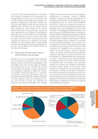 127
E.LESDÉFISDELAMISE
ENŒUVREDEL’ACCORD
SURLAFACILITATIONDES
ÉCHANGES
II. ACCÉLÉRER LE COMMERCE : AVANTAGES ET DÉFIS DE LA MISE EN ŒUVRE
DE L’ACCORD DE L’OMC SUR LA FACILITATION DES ÉCHANGES
et que les coûts de modernisation, pour la plupart
des mesures de facilitation, sauf les publications de
renseignements en ligne et le fonctionnement des
comités nationaux de facilitation des échanges. Les
quelques renseignements disponibles indiquent que
les coûts opérationnels annuels liés aux mesures de
facilitation des échanges sont, en moyenne, jusqu’à
52 % inférieurs aux coûts initiaux de ces mesures
(Moïsé, 2013). Dans le cas de certaines mesures, les
coûts opérationnels sont entièrement ou partiellement
répercutés sur les consommateurs, qui doivent payer
des redevances pour les services fournis. De même,
les coûts initiaux de certaines mesures peuvent être
répercutés en partie sur les négociants qui doivent
acquitter des frais. Plusieurs pays ont aussi décidé
de laisser aux entreprises privées la responsabilité de
la mise en œuvre effective de certaines mesures de
facilitation des échanges.
b)	 Aperçu des coûts de mise en œuvre 	
de la facilitation des échanges
Compte tenu du peu de renseignements disponibles
dans la littérature, des données sur les coûts des
projets et mesures de facilitation des échanges ont été
rassemblées pour mieux cerner la nature et l’ampleur
des coûts de mise en œuvre de l’AFE. Des chiffres
ont été obtenus de diverses sources, notamment les
cas d’expérience présentés à l’OMC, les troisième
et cinquième examens de l’Aide pour le commerce,
la Commission économique des Nations Unies pour
l’Europe (CEE-ONU), la CNUCED, la CEA et la CESAP ;
les autres grandes sources de renseignements sur
les coûts de mise en œuvre sont notamment les
projets de prêt relatifs à la facilitation des échanges
entrepris par différents donateurs, par des banques
multilatérales et régionales, comme la Banque
mondiale, la Banque asiatique de développement et
la Banque interaméricaine de développement, et par
des organismes à but non lucratif, comme TradeMark
East Africa. Au total, on a compilé les coûts de mise
en œuvre de 198 mesures et projets de facilitation des
échanges dans 4 pays développés (2 % de l’étude),
122 pays en développement (60 % de l’étude) et 77
pays moins avancés (38 % de l’étude).3 Sur ce total, 76
mesures (39 %) ont été adoptées en Afrique, 64 (32 %)
en Asie et dans le Pacifique, 32 (16 %) en Amérique
latine, 12 (6 %) en Europe, 10 (5 %) dans les Caraïbes
et 4 (2 %) au Moyen-Orient. La figure E.11, montre que
les renseignements disponibles sur les coûts de mise
en œuvre couvrent aussi un large éventail de domaines
de facilitation des échanges, avec 66 mesures (33 %)
concernant les formalités et les prescriptions en
matière de documents requis, comme les guichets
uniques, 41 mesures (21 %) concernant les systèmes
douaniers automatisés, 34 mesures (17 %) concernant
la mainlevée et le dédouanement des marchandises,
y compris la gestion des risques et les opérateurs
économiques agréés, 32 mesures (16 %) concernant
la coopération avec les douanes et les organismes
présents aux frontières, par exemple les procédures
de poste frontière uniques, et 25 mesures (13 %)
concernant la transparence et la prévisibilité, comme
les décisions anticipées et les points d’information.
Pour mettre en perspective les différents coûts de mise
en œuvre de ces mesures, des données sur les coûts
de la modernisation et de la réforme des douanes (57
projets) et des initiatives de facilitation des transports
(197 projets) ont également été tirées de projets de
prêt multilatéraux et régionaux.
Figure E.11 : Répartition des données sur les coûts de mise en œuvre de la facilitation
des échanges, par région et par domaine (mesures de facilitation des échanges)
Asie/Pacifique, 64 (32%) Formalités et prescriptions en
matière de documents, 66 (33%)
Afrique, 76 (39%)
Coopération avec les douanes
et les organismes présents
aux frontières, 32 (16%)
Automatisation
des
procédures
douanières,
41 (21%)
Amérique latine 32 (16%)
Transparence et prévisibilité,
25 (13%)
Europe, 12 (6%)
Caraïbes, 10 (5%)
Moyen-Orient, 4 (2%)
Mainlevée et
dédouanement
des
marchandises,
34 (17%)
Source : Secrétariat de l’OMC, sur la base des données collectées sur les coûts de mise en œuvre de la facilitation des échanges.
 