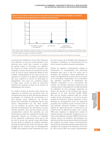 131
E.LESDÉFISDELAMISE
ENŒUVREDEL’ACCORD
SURLAFACILITATIONDES
ÉCHANGES
II. ACCÉLÉRER LE COMMERCE : AVANTAGES ET DÉFIS DE LA MISE EN ŒUVRE
DE L’ACCORD DE L’OMC SUR LA FACILITATION DES ÉCHANGES
Figure E.15 : Coûts de mise en œuvre des mesures de facilitation des échanges concernant
les formalités et les prescriptions en matière de documents
0
20
30
10
50
40
Prescriptions en matière
de simplification
Guichet unique Automatisation
des systèmes douaniers
Coûtsdemiseenœuvre,millionsde$EUréels
Note : Chaque boîte représente l’éventail des coûts de mise en œuvre du premier quartile (25 %) au troisième quartile (75 %). La ligne
horizontale à travers les boîtes correspond à la médiane. Les points situés aux deux extrémités des lignes verticales (« moustaches ») sortant
des boîtes indiquent les valeurs minimales et maximales.
Source : Secrétariat de l’OMC, sur la base des données collectées sur les coûts de mise en œuvre de la facilitation des échanges.
soit pleinement opérationnel. Il peut être nécessaire
aussi d’élaborer un plan de commercialisation et de
promotion pour mieux faire connaître le système
de guichet unique et encourager son utilisation.
Par rapport aux autres mesures de facilitation des
échanges, ces deux mesures se caractérisent par des
coûts de mise en œuvre relativement élevés et plus
variables. L’hétérogénéité de ces coûts est due non
seulement à la portée et au degré de sophistication
des deux systèmes en termes de technologie et
d’équipement, mais aussi aux conditions propres
à chaque pays, comme la taille de l’économie,
l’étendue des systèmes existants et les besoins de
développement des réseaux.
Un système national de guichet unique permet aux
négociants de présenter les documents et/ou les
renseignements requis et d’être informés des décisions
de procéder à la mainlevée des marchandises à un
point d’entrée unique. Néanmoins, ces fonctions
peuvent être exécutées de différentes façons, sans
recourir nécessairement aux TIC. Dans certains
cas, les systèmes de guichet unique nécessitent
seulement la présentation des documents à un poste
frontière particulier, alors que dans d’autres cas, les
renseignements peuvent être présentés par voie
électronique au moyen d’un système qui relie plusieurs
organismes présents aux frontières ou l’ensemble
de ces organismes. L’expérience montre que le coût
de mise en œuvre d’un guichet unique électronique
est plus faible en présence de systèmes douaniers
automatisés perfectionnés. Cela concorde avec l’idée
partagée par de nombreux pays en développement
et PMA, selon laquelle une part importante des coûts
de mise en œuvre de la facilitation des échanges est
imputable à l’installation, au fonctionnement et à la
mise à niveau de systèmes douaniers automatisés.
Comme de nombreux investissements matériel et
infrastructure TI, l’automatisation des procédures
douanières peut servir à des fins autres que la
facilitation des échanges, comme l’amélioration du
respect des règlements par la lutte contre la corruption
et la contrebande, l’augmentation de la productivité
des opérations douanières et l’amélioration des
méthodes d’évaluation et du recouvrement des
recettes. Les données empiriques montrent que de
nombreux pays en développement ont déjà automatisé
les opérations de leurs principaux organismes de
gestion des douanes et des frontières, tels que les
aéroports et les ports maritimes (OCDE, 2005).
Bien que les douanes disposent déjà d’un certain
nombre d’outils informatiques, il est encore souvent
possible de moderniser certaines opérations, comme
l’échange de renseignements entre les organismes
de gestion des frontières et avec le secteur privé, et
d’en améliorer l’efficacité. Toutefois, le manque de
fiabilité de l’approvisionnement en électricité et de
l’infrastructure de télécommunication dans certains
PMA peut empêcher le déploiement complet de
système douaniers automatisés complexes à court ou
moyen terme (Banque mondiale, 2006a). Comme pour
d’autres mesures de facilitation des échanges, une
partie des coûts de mise en œuvre et de fonctionnement
des systèmes de guichet unique et d’automatisation
des procédures douanières peut être répercutée sur les
utilisateurs par le paiement de redevances et de frais.
En 2014, environ 60 % des projets d’automatisation
 