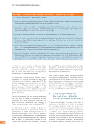 136
RAPPORT SUR LE COMMERCE MONDIAL 2015
les élaborer conformément aux meilleures pratiques
internationales. Cela permet de faire en sorte que les
procédures commerciales suivent les mêmes pratiques
dans le monde entier mais aussi que ces pratiques
soient fondées sur les meilleures normes.
Le Mécanisme a mené diverses activités visant à
sensibiliser et à mobiliser un soutien en faveur de la
ratification et de l’entrée en vigueur de l’AFE. Ces
activités s’adressent aux décideurs et aux parties
prenantes à différents niveaux, notamment aux
parlementaires, aux ministres, aux délégués en poste
à Genève, aux fonctionnaires chargés des questions
commerciales dans les capitales et à beaucoup d’autres
parties intéressées.
Des fonctionnaires de l’OMC ont présenté des exposés
sur l’AFE dans le cadre de nombreuses activités
organisées par d’autres institutions, notamment lors
d’une conférence internationale des membres de
l’Union interparlementaire tenue au début de 2014.
Le Mécanisme a permis d’élargir le programme
d’assistance technique de l’OMC pour amener les
parlementaires à mettre davantage l’accent sur la
facilitation des échanges. En 2014, plusieurs ateliers sur
la facilitation des échanges destinés aux parlementaires
ont été organisés pour les pays africains (en coopération
avec le Maroc), la Communauté d’Afrique de l’Est,
l’ASEAN (en coopération avec Singapour), l’ensemble
des pays d’Amérique latine et les îles du Pacifique (en
coopération avec la Banque mondiale et le Forum des
îles du Pacifique).8 Des ateliers seront organisés dans
d’autres régions, selon les besoins.
Enfin, comme on le verra dans la sous-section suivante,
de nombreux enseignements ont été tirés des réformes
menées en vue de faciliter les échanges. Cette somme
de connaissances est une ressource importante qui peut
faciliter la tâche des pays qui entreprennent une réforme
douanière pour la première fois. L’OMC pourrait aider à
faire en sorte que ces connaissances soient transférées
aux pays qui mettent en œuvre les réformes.
5.	 Quels enseignements tirer 	
des expériences nationales
réussies en matière de réformes ?
À l’instar de la littérature empirique sur les coûts de
mise en œuvre des réformes en matière de facilitation
des échanges, quelques études ont examiné de
manière cohérente les aspects opérationnels de la mise
en œuvre des mesures de facilitation des échanges.
Les réformes visant à faciliter les échanges portent sur
l’interface opérationnelle entre les pouvoirs publics et
le secteur privé, et elles reposent donc souvent sur une
approche interdisciplinaire qui associe des éléments
juridiques, économiques, politiques, technologiques
et de gestion. Mais les obstacles aux réformes, tels
Encadré E.4 : Fonctions du Mécanisme pour l’Accord sur la facilitation des échanges
Les fonctions spécifiques du TFAF sont les suivantes :
i)	 aider les PMA et les pays en développement à évaluer leurs besoins spécifiques et à identifier les partenaires
de développement susceptibles de les aider à répondre à ces besoins ;
ii)	 assurer les meilleures conditions possibles pour la circulation de l’information entre les donateurs et les
bénéficiaires, grâce à la création d’une plate‑forme d’échanges de renseignements sur la demande et l’offre
d’assistance technique en matière de facilitation des échanges ;
iii)	 diffuser les meilleures pratiques pour la mise en œuvre de mesures de facilitation des échanges ;
iv)	 fournir un soutien afin de trouver des sources d’assistance pour la mise en œuvre, y compris en demandant
formellement que le Directeur général joue le rôle de facilitateur afin d’obtenir des fonds pour l’exécution de
projets spécifiques ;
v)	 fournir des dons pour l’élaboration de projets dans les cas où un Membre a identifié un donateur potentiel
mais n’a pas été en mesure d’élaborer un projet à lui soumettre, et n’a pas pu trouver d’autres sources de
financement pour soutenir l’élaboration d’une proposition de projet ; et
vi)	 fournir des dons pour l’exécution de projets liés à la mise en œuvre des dispositions de l’Accord sur la
facilitation des échanges dans les cas où il n’a pas été possible d’obtenir des fonds d’autres sources. Ces
dons seront limités aux projets d’infrastructure immatérielle, comme la modernisation des lois douanières
grâce à des services de consultation, à des ateliers dans le pays et à la formation des fonctionnaires.
 