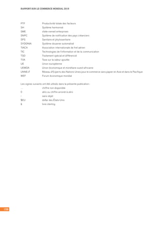 RAPPORT SUR LE COMMERCE MONDIAL 2015
158
PTF	 Productivité totale des facteurs
SH	 Système harmonisé
SME	 state-owned enterprises
SNPC	 Système de notification des pays créanciers
SPS	 Sanitaire et phytosanitaire
SYDONIA	 Système douanier automatisé
TIACA	 Association internationale de fret aérien
TIC	 Technologies de l’information et de la communication
TSD	 Traitement spécial et différencié
TVA	 Taxe sur la valeur ajoutée
UE	 Union européenne
UEMOA	 Union économique et monétaire ouest-africaine
UNNExT	 Réseau d’Experts des Nations Unies pour le commerce sans papier en Asie et dans le Pacifique
WEF	 Forum économique mondial
Les signes suivants ont été utilisés dans la présente publication :
…	 chiffre non disponible
0	 zéro ou chiffre arrondi à zéro
-	 sans objet
$EU	 dollar des États-Unis
£	 livre sterling
 