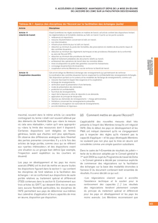 45
B.LAFACILITATION
DESÉCHANGES :
CONTEXTE
II. ACCÉLÉRER LE COMMERCE : AVANTAGES ET DÉFIS DE LA MISE EN ŒUVRE
DE L’ACCORD DE L’OMC SUR LA FACILITATION DES ÉCHANGES
maximal, souvent dans le même article. Le caractère
contraignant du terme « shall » est souvent atténué par
des éléments de flexibilité (tels que « dans la mesure
où cela sera réalisable », « selon qu’il sera approprié »
ou « dans la limite des ressources dont il dispose »).
Certaines dispositions sont rédigées en termes
généraux, tandis que d’autres sont plus spécifiques.
On observe des différences analogues dans l’éventail
des parties prenantes concernées. Il y a à la fois des
articles de large portée, comme ceux qui se réfèrent
aux « parties intéressées », et des dispositions visant
une situation ou un groupe bien définis (par exemple,
l’inspection avant expédition ou les courtiers en
douane).
Les pays en développement et les pays les moins
avancés (PMA) ont le droit de mettre en œuvre toutes
les dispositions figurant dans la section I – qui contient
les disciplines de fond relatives à la facilitation des
échanges – en se conformant aux dispositions de vaste
portée relatives au traitement spécial et différencié
(TSD) contenues dans la section II. Contrairement aux
trois articles du GATT, qui devaient être mis en œuvre
sans aucune flexibilité particulière, les disciplines de
l’AFE permettent aux pays de déterminer eux-mêmes
leur calendrier d’application et leurs capacités de mise
en œuvre, disposition par disposition.
(d)	 Comment mettre en œuvre l’Accord ?
L’applicabilité des nouvelles mesures était très
présente à l’esprit des Membres lorsqu’ils ont négocié
l’AFE. Dès le début, les pays en développement et les
PMA ont indiqué clairement qu’ils ne s’engageraient
pas à respecter des règles qu’ils n’avaient pas la
capacité d’appliquer – et les pays développés Membres
ne voulaient pas non plus que la mise en œuvre soit
considérée comme une simple question subsidiaire.
Dans le cadre de l’« Ensemble de résultats de juillet » –
texte de la décision adoptée par le Conseil général le	
1er août 2004 au sujet du Programme de travail de Doha
–, le Conseil général a décidé par consensus explicite
de commencer des négociations sur la facilitation
des échanges sur la base des modalités énoncées à
l’annexe D du document contenant ledit ensemble de
résultats. Il a ainsi décidé ce qui suit :
« Les négociations viseront aussi à accroître
l’assistance technique et le soutien pour le
renforcement des capacités […] Les résultats
des négociations tiendront pleinement compte
du principe du traitement spécial et différencié
pour les pays en développement et les pays les
moins avancés. Les Membres reconnaissent que
Tableau B.1 : Aperçu des disciplines de l’Accord sur la facilitation des échanges (suite)
Article Disciplines
Article 11
Liberté de transit
Visant à améliorer les règles existantes en matière de transit, cet article contient des dispositions limitant
les réglementations et formalités relatives au trafic en transit. Il porte sur les points suivants:
•	 redevances et impositions;
•	 mesures d’autolimitation concernant le trafic en transit;
•	 non-discrimination;
•	 infrastructure distincte pour le trafic en transit;
•	 réduction au minimum du poids des formalités, des prescriptions en matière de documents requis et 	
des contrôles douaniers;
•	 réduction au minimum des règlements techniques et des procédures d’évaluation de la conformité 	
au sens de l’Accord OTC;
•	 réduction au minimum des procédures de transit;
•	 dépôt et traitement préalables des documents relatifs au transit;
•	 achèvement des opérations de transit dans les moindres délais;
•	 mise à la disposition du public des garanties couvrant les transactions;
•	 convoyage douanier/escorte douanière;
•	 coopération entre les Membres en vue de renforcer la liberté de transit.
Article 12
Coopération douanière
Cet article oblige les Membres à échanger des renseignements qui permettraient de renforcer 	
la coordination des contrôles douaniers tout en respectant la confidentialité des renseignements échangés.
Ses dispositions portent sur le contenu et les modalités de l’échange de renseignements, comme suit:
•	 mesures favorisant le respect des exigences et la coopération;
•	 échange de renseignements;
•	 vérification avant la présentation d’une demande;
•	 mode de présentation des demandes;
•	 protection et confidentialité;
•	 fourniture de renseignements;
•	 report de la réponse ou refus de répondre à une demande;
•	 application du principe de réciprocité;
•	 réponse aux demandes de renseignements – charge administrative;
•	 limitations concernant les renseignements présentés;
•	 utilisation ou divulgation non autorisée de renseignements;
•	 accords bilatéraux et régionaux.
 