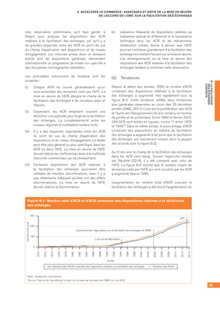 49
B.LAFACILITATION
DESÉCHANGES :
CONTEXTE
II. ACCÉLÉRER LE COMMERCE : AVANTAGES ET DÉFIS DE LA MISE EN ŒUVRE
DE L’ACCORD DE L’OMC SUR LA FACILITATION DES ÉCHANGES
Une observation préliminaire, qu’il faut garder à
l’esprit pour analyser les dispositions des ACR
relatives à la facilitation des échanges, est qu’il y a
de grandes disparités entre les ACR du point de vue
du champ d’application des dispositions et du niveau
d’engagement. Les mesures prises dans un domaine
donné vont de dispositions générales demandant
d’entreprendre un programme de travail non spécifié à
des disciplines contraignantes détaillées.
Les principales conclusions de l’analyse sont les
suivantes :
(i)	 Chaque ACR ne couvre généralement qu’un
sous-ensemble des domaines visés par l’AFE. La
mise en œuvre de l’AFE élargira le champ de la
facilitation des échanges à de nouveaux pays et
régions.
(ii)	 Cependant, les ACR emploient souvent une
définition conceptuelle plus large de la facilitation
des échanges. La complémentarité entre les
niveaux régional et multilatéral restera forte.
(iii)	 Il y a des disparités importantes entre les ACR
du point de vue du champ d’application des
dispositions et du niveau d’engagement. Le libellé
peut être plus général ou plus spécifique dans les
ACR ou dans l’AFE. La mise en œuvre de l’AFE
devrait réduire les inefficiences dues à la multitude
d’accords commerciaux qui se chevauchent.
(iv)	 Certaines dispositions des ACR relatives à
la facilitation des échanges pourraient être
utilisées de manière discriminatoire, mais il y a
peu d’éléments indiquant qu’elles ont des effets
discriminatoires. La mise en œuvre de l’AFE
devrait réduire la discrimination.
(v)	 L’absence fréquente de dispositions relatives au
traitement spécial et différencié et à l’assistance
technique dans les ACR et de mécanismes
d’exécution solides donne à penser que l’AFE
pourrait contribuer grandement à la facilitation des
échanges en mettant l’accent sur la mise en œuvre.
Les renseignements sur la mise en œuvre des
dispositions des ACR relatives à la facilitation des
échanges tendent à confirmer cette observation.
(b)	 Tendances
Depuis le début des années 1990, le nombre d’ACR
contenant des dispositions relatives à la facilitation
des échanges a augmenté très rapidement (voir la
figure B.1). Cette tendance reflète deux tendances
plus générales observées au cours des 25 dernières
années (OMC, 2011). L’une est la prolifération des ACR
et l’autre est l’élargissement de leur contenu en termes
de portée et de profondeur. Entre 1990 et février 2015,
244 ACR sont entrés en vigueur, contre 11 entre 1970
et 1990.6 Dans le même temps, le pourcentage d’ACR
contenant des dispositions en matière de facilitation
des échanges a augmenté à tel point que la facilitation
des échanges est maintenant incluse dans la plupart
des accords (voir la figure B.2).
Au fil des ans, le champ de la facilitation des échanges
dans les ACR s’est élargi. Suivant l’approche utilisée
par Neufeld (2014), il a été comparé avec celui de
l’AFE. La figure B.3 montre que le nombre moyen de
domaines visés par l’AFE qui sont couverts par les ACR
a augmenté depuis 1990.
L’augmentation du nombre total d’ACR couvrant la
facilitation des échanges a été due à l’augmentation du
Figure B.1 : Nombre total d’ACR et d’ACR contenant des dispositions relatives à la facilitation
des échanges
Année
Nombred'accords
L'accord de Marrakech
0
100
200
300
1970
1972
1974
1976
1978
1980
1982
1984
1986
1988
1990
1992
1994
1996
1998
2000
2002
2004
2006
2008
2010
2012
2014
Nombre total d'ACR contenant des dispositions relatives à la facilitation des échanges Nombre total d'ACR
Lancement des négociations sur la facilitation des échanges de l'OMC
AFE
Note : Tendances cumulatives.
Source : Calculs du Secrétariat fondés sur la base de données de l’OMC sur les ACR.
 