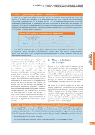 69
C.THÉORIEETMESURE
DELAFACILITATION
DESÉCHANGES
II. ACCÉLÉRER LE COMMERCE : AVANTAGES ET DÉFIS DE LA MISE EN ŒUVRE
DE L’ACCORD DE L’OMC SUR LA FACILITATION DES ÉCHANGES
Encadré C.4 : Explication des problèmes de coordination (suite)
En effet, si le pays 1 prévoit de mettre en œuvre des mesures de facilitation des échanges X, et le pays 2 des
mesures de facilitation des échanges Y, ils en retireront tous deux des gains. Toutefois, s’ils réussissent à se
coordonner et à mettre en œuvre tous les deux des mesures X ou Y, ils étendront l’harmonisation des procédures
douanières au niveau mondial et augmenteront les gains qu’ils retirent de la facilitation des échanges. Par
conséquent, en offrant une instance de négociation et de discussion sur les meilleurs outils et normes disponibles,
l’AFE peut aider les pays à se coordonner et à maximiser les avantages découlant de la facilitation des échanges.
Un tel scénario est exposé dans le tableau C.2.
Tableau C.2 : Problème de coordination entre les pays 1 et 2
Mesures de facilitation 	
des échanges
Pays 1
X Y
Pays 2
X 4 ; 4 1 ; 1
Y 1 ; 1 4 ; 4
La seule difficulté tient au fait que le pays 1 peut préférer normaliser ses procédures douanières au moyen
de la méthode X, tandis que le pays 2 pourrait choisir la méthode Y. Mais cette difficulté peut être aisément
résolue par la négociation, car les deux pays bénéficieront de l’adoption de normes communes, quelle que soit
la méthode finalement retenue.
Encadré C.5 : Qu’est‑ce qu’un indicateur et qu’est‑ce qui fait un bon indicateur ?
D’après Walz (2000) et Heink et Kowarik (2010), « un indicateur est une variable qui décrit l’état d’un système ».	
Il permet d’établir des points de référence, de faire des comparaisons entre pays et d’assurer le suivi de l’état d’un
système par différents agents. Il peut fonctionner comme un système d’alerte rapide, indiquant aux acteurs qu’il est
nécessaire d’apporter des améliorations à l’état du système (Mainguet et Baye, 2006). Un bon indicateur devrait :
•	 être pertinent du point de vue des politiques ;
•	 être robuste, c’est‑à‑dire insensible aux fluctuations accidentelles et utilisables à long terme ;
Un raisonnement analogue peut s’appliquer au
problème de coordination lié à l’asymétrie des coûts
et des capacités de mise en œuvre. L’AFE prévoit	
en effet que les Membres plus riches apporteront	
une assistance et un soutien en matière de
renforcement des capacités aux pays en
développement et aux pays les moins avancés pour
les aider à mettre en œuvre l’Accord.6 Sans l’Accord,	
de nombreux pays ne se seraient peut‑être pas
engagés dans la facilitation des échanges, préférant
peut‑être affecter leurs ressources limitées à d’autres
priorités, ce qui aurait entraîné une situation non
optimale pour tous les Membres. Les avantages de
la coordination peuvent donc expliquer la coopération
internationale en matière de facilitation des échanges.
Il se peut cependant que cette explication ne suffise
pas pour comprendre la raison d’être de l’AFE. En
effet, si un accord sur la facilitation des échanges ne
servait qu’à la coordination, il n’y aurait pas besoin de
procédures de règlement des différends pour le faire
respecter.
3.	 Mesurer la facilitation 	
des échanges
Comme on l’a vu dans la section A, il existe diverses
définitions de la facilitation des échanges qui diffèrent
par le fait qu’elles incluent ou non l’infrastructure
logicielle ou matérielle et qu’elles se limitent aux
mesures à la frontière ou englobent aussi les mesures
prises à l’intérieur des frontières. En conséquence, il
existe de nombreux indicateurs de la facilitation des
échanges qui reflètent ces différences de définition
(voir l’encadré C.5 sur ce qui fait un bon indicateur).
La section B.3 a décrit comment les activités de
diverses organisations internationales dans le domaine
de la facilitation des échanges complètent le rôle de
l’OMC. La sous‑section C.4 a) va décrire les principaux
indicateurs établis par des organisations internationales
et la sous‑section C.4 b) indiquera lequel reflète le
mieux les dispositions de l’AFE et lequel a été utilisé
comme base des estimations et des simulations
présentées dans la suite du rapport.
 