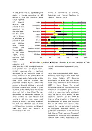 In 1998, there were 303 reported bicyclist                      Figure     2:     Percentages        of    Bicyclist,
deaths       in    Uganda         accounting       for    19    Pedestrian       and     Motorist    Fatalities    in
percent of total road casualties, while                         Selected Countries (2002)
Kenya reported
285          bicyclist
fatalities         (14
percent of total
casualties)         for
the same year.
For    the        same
year in Ghana,
an estimated 4
percent of road
user      fatalities
were         cyclists
(Jacobs            and
Thomas, 2000).
As     one     might
expect,        those
countries          that
have     a     larger
urban
population and
more vehicles/10,000 population tend to                         Source: World Health Organisation (Krug,
have     greater          risks   for    bicycle      riders.   2007)
Similarly, countries where a significant
percentage of the population relies on                          In an effort to address road safety issues,
bicycle transport as the primary form of                        the World Health Organisation (WHO) and
mobility, such as the Netherlands, tend to                      the     United       Nations    (UN)      Economic
have      higher          bicyclist      fatalities      than   Commission for Africa held the African
pedestrian fatalities. Figure 2 shows the                       Road Safety Conference during February
number of bicyclist fatalities in selected                      2007     in     Accra,    Ghana.     The     overall
countries indicating that relative to other                     conference theme was road safety and the
countries, cyclist fatality rates may not be                    millennium development goals, one of
abnormally high in West Africa. The high                        which is to reduce road traffic fatalities in
percentages          of     pedestrian       fatalities    in   Africa by half by 2015. Among the key
African countries are a clear indication that                   strategies      identified     by   the   WHO     to
walking is still the most widely used                           improve safety for cyclists in Africa is the
method of mobility. One might expect to                         encouragement of helmet use. Although
find that less urbanised areas in Africa                        the use of helmets may receive policy
would have lower pedestrian and bicyclist                       support, the very real economic challenge
risks,       but     again,        the      research       is   of    distributing     affordable    helmets      for
inconclusive on this point.                                     purchase is certain to be an issue in most
                                                                Sub-Saharan African countries. The use of
                                                                reflectors and headlights is another safety
                                                                concern. Traffic calming measures such as



World Transport Policy & Practice___________________________________________________                              14
Volume 14. Number 2. July 2008
 