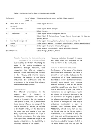 Table 1: Performance of groups in the observed villages


Performance                       No. of villages     Village names (central region: total 14, Kabale: total 23)
                                  (total 37)

1–    More than 2 times 1                             Central region: Buwaiswa
      per month
2–    2 times per month           3                   Central region: Bwase, Kitengesa
                                                      Kabale: Kyasano
3–    1 time/month                11                  Central region: Buwala, Nawaguma, Mafubira
                                                      Kabale: Mpalo 2, Nyakashebeya, Mpungo, Kabere, Nyaruhanga vill, Kagunga,
                                                      Mugyera, Kicumbi
4–    less than 1 time per 11                         Central region: Kalogoyi, Kasuku A, Kigingi, Nsekaseka, Iringa HC
      month                                           Kabale: Mpalo 1, Katokye 1, Katokye 2, Nyaruhanga TC, Buranga, Kasheregyenyi
5–    Not used                    8                   Central region: Kasangoile, Nakasita, Namuganza
                                                      Kabale: Kibanda vill, Kibanda TC, Bwindi, Nyamabare, Mwendo
Doubtful answers                  3                   Kabale: Rutegye, Muhanga, Kisaasa




           Results: Presenting the factors influencing                      However, motorised transport is scarce
                       the usage of the bicycle ambulance                   and, most likely, not affordable to the
          Subsequently, the factors influencing the                         rural population in the near future.
          usage        of   the       bicycle    ambulance,        as
          determined         through           interviews,       were       Features of the bicycle ambulance
          categorised        into       different     categories:           The frequency of the usage of the bicycle
          external factors, describing the situation                        ambulances was limited to a few cases in
          in     the    villages,      and      internal    factors,        a month or year, and the features and the
          describing the features of the bicycle                            construction of it were predominantly
          ambulance,         the       distributors        and    the       described as positive by the interviewees.
          organisation of the groups. The following                         Although     some    people    have    negative
          demonstrates the outcomes:                                        attitudes towards it, such as ‘the patient
                                                                            looks like a dead body lying down in the
          External factors                                                  bicycle ambulance’ or that ‘the costs of
          The      different          circumstances         in    the       maintenance are too high because repairs
          villages,         such         as       distance         to       are needed too often and spare parts are
          infrastructure, availability and costs of                         too expensive’, the majority of people in
          means of transport, did not provide a                             the villages appreciated the bicycle with
          clear picture of how, and to what extent                          the trailer in emergencies. The bicycle
          these factors influence the usage of the                          ambulance       construction     is    easy   to
          bicycle ambulances. Neither the distance                          maintain,    with    common      spare    parts.
          to the health centre, nor the distance to                         Additionally, almost every man can ride
          the main road and quality of the road                             the bicycle due to the bicycle culture.
          itself, significantly influenced the usage of                     Furthermore, it is available at any time
          the bicycle ambulance. The only factor                            with little cost, and in comparison to the
          that significantly limited the usage of the                       stretcher, it is more comfortable and less
          bicycle ambulance was the availability of                         people are needed to transport it. Out of
          motorised transport in the villages.                              the eight villages that did not use the


          World Transport Policy & Practice___________________________________________________                            43
          Volume 14. Number 2. July 2008
 