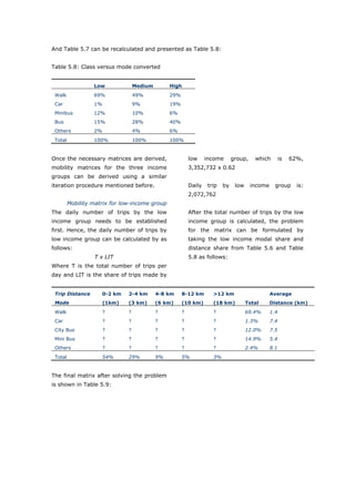 And Table 5.7 can be recalculated and presented as Table 5.8:


Table 5.8: Class versus mode converted


                  Low               Medium        High
 Walk             69%               49%           29%
 Car              1%                9%            19%
 Minibus          12%               10%           6%
 Bus              15%               28%           40%
 Others           2%                4%            6%
 Total            100%              100%          100%


Once the necessary matrices are derived,                    low     income       group,    which         is   62%,
mobility matrices for the three income                      3,352,732 x 0.62
groups can be derived using a similar
iteration procedure mentioned before.                       Daily    trip   by    low     income     group      is:
                                                            2,072,762
         Mobility matrix for low-income group
The daily number of trips by the low                        After the total number of trips by the low
income group needs to be established                        income group is calculated, the problem
first. Hence, the daily number of trips by                  for the matrix can be formulated by
low income group can be calculated by as                    taking the low income modal share and
follows:                                                    distance share from Table 5.6 and Table
                  T x LIT                                   5.8 as follows:
Where T is the total number of trips per
day and LIT is the share of trips made by


 Trip Distance         0-2 km   2-4 km       4-8 km     8-12 km        >12 km                      Average
 Mode                  (1km)    (3 km)       (6 km)     (10 km)        (18 km)          Total      Distance (km)
 Walk                  ?        ?            ?          ?              ?                69.4%      1.4
 Car                   ?        ?            ?          ?              ?                1.3%       7.4
 City Bus              ?        ?            ?          ?              ?                12.0%      7.5
 Mini Bus              ?        ?            ?          ?              ?                14.9%      5.4
 Others                ?        ?            ?          ?              ?                2.4%       8.1
 Total                 54%      29%          9%         5%             3%


The final matrix after solving the problem
is shown in Table 5.9:




World Transport Policy & Practice___________________________________________________                            58
Volume 14. Number 2. July 2008
 