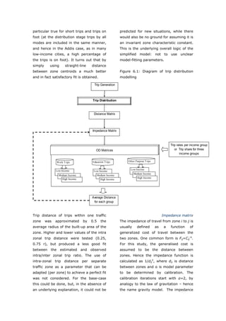 particular true for short trips and trips on                  predicted for new situations, while there
foot (at the distribution stage trips by all                  would also be no ground for assuming it is
modes are included in the same manner,                        an invariant zone characteristic constant.
and hence in the Addis case, as in many                       This is the underlying overall logic of the
low-income cities, a high percentage of                       simplified     model:       not    to   use    unclear
the trips is on foot). It turns out that by                   model-fitting parameters.
simply     using        straight-line   distance
between zone centroids a much better                          Figure 6.1: Diagram of trip distribution
and in fact satisfactory fit is obtained.                     modelling

                                          Trip Generation



                                         Trip Distribution



                                          Distance Matrix




                                         Impedance Matrix



                                                                                                      Trip rates per income group
                                            OD Matrices                                                  or Trip share for three
                                                                                                             income groups

                 Work T rips             Education T rips          Other Purpose T rips


               Low Income                                            Low Income
                                         Low Income
                                                                        Medium Income
                  Medium Income               Medium Income
                    High Income                                           High Income
                                                High Income




                                        Average Distance
                                         for each group



Trip distance of trips within one traffic                                                       Impedance matrix
zone     was   approximated        by   0.5     the           The impedance of travel from zone i to j is
average radius of the built-up area of the                    usually      defined        as     a    function      of
zone. Higher and lower values of the intra                    generalized cost of travel between the
zonal trip distance were tested (0.25,                        two zones. One common form is Fij=Cij-α.
0.75 r), but produced a less good fit                         For this study, the generalised cost is
between    the     estimated      and   observed              assumed to be the distance between
intra/inter zonal trip ratio. The use of                      zones. Hence the impedance function is
intra-zonal    trip    distance   per   separate              calculated as 1/dijα, where dij is distance
traffic zone as a parameter that can be                       between zones and α is model parameter
adapted (per zone) to achieve a perfect fit                   to be determined by calibration. The
was not considered. For the base-case                         calibration iterations start with α=2, by
this could be done, but, in the absence of                    analogy to the law of gravitation – hence
an underlying explanation, it could not be                    the name gravity model. The impedance



World Transport Policy & Practice___________________________________________________                               61
Volume 14. Number 2. July 2008
 