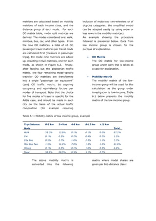 matrices are calculated based on mobility                    inclusion of motorised two-wheelers or of
matrices of each income class, and the                       bicycles categories; the simplified model
distance group of each mode.               For each          can be adapted easily by using more or
OD matrix table, modal split matrices are                    less rows in the mobility matrices).
derived. The modes considered are: walk,                     An       example    showing   the     procedure
minibus, bus, car, and other types. From                     followed is presented below. Data from
the nine OD matrices, a total of 45 OD                       low income group is chosen for the
passenger travel matrices per travel mode                    purpose of explanation.
are calculated first (measure in passenger
trips). Per mode nine matrices are added                          •     OD Matrix
up, resulting in five matrices, one for each                            The OD matrix for low-income
mode, as shown in Figure 6.2.                 Finally,                  group under work trip is taken as
after leaving out the pedestrian traffic                                a case for explanation.
matrix, the four remaining mode-specific
traveller OD matrices are transformed                             •     Mobility matrix
into a single “passenger car equivalent”                                The mobility matrix of the low-
(pce)     OD    traffic    matrix,   by    applying                     income group will be used for this
occupancy and equivalency factors per                                   calculation, as the group under
modes of transport. Note that the choice                                investigation is low-income. Table
for five modes of travel is specific for the                            6.1 below presents the mobility
Addis case, and should be made in each                                  matrix of the low income group.
city on the basis of the actual traffic
composition        (for     example        requiring


Table 6.1: Mobility matrix of low income group, example


 Trip Distance            0-2 km       2-4 km       4-8 km     8-12 km          >12 km
 Mode                                                                                      Total
 Walk                     53.0%        13.9%        0.1%       0.1%             0.0%       67.2%
 Car                      0.1%         0.5%         0.2%       0.4%             0.2%       1.3%
 City Bus                 0.5%         2.7%         1.0%       2.3%             1.1%       7.7%
 Mini Bus Taxi            1.5%         11.0%        7.0%       1.3%             1.2%       21.8%
 Others                   0.1%         0.5%         0.1%       1.0%             0.3%       2.0%
 Total                    55.2%        28.5%        8.5%       5.1%             2.7%


          The    above      mobility      matrix    is                  matrix where modal shares are
          converted        into    the     following                    given per trip-distance class:




World Transport Policy & Practice___________________________________________________                      63
Volume 14. Number 2. July 2008
 