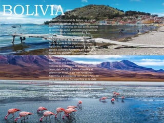 BOLIVIAEstado Plurinacional de Bolivia, es un país
soberano situado en la región centro-
occidental de América del Sur, políticamente
se constituye como un estado plurinacional,
descentralizado con autonomías. Está
organizado en nueve departamentos. Su
capital es Sucre1 sede del órgano judicial; La
Paz es la sede de los órganos ejecutivo,
legislativo y electoral, además es el epicentro
político, cultural y financiero del país. La
ciudad más grande y más poblada es Santa
Cruz de la Sierra, considerada el motor
económico del país.
Cuenta con una población de cerca de 10,1
millones de habitantes de acuerdo al último
censo, del año 2012. Limita al norte y al
oriente con Brasil, al sur con Paraguay y
Argentina, y al occidente con Chile y Perú, no
tiene salida al mar. Su superficie es la sexta
más extensa de Iberoamérica y comprende
distintos espacios geográficos como la
cordillera de los Andes, el Altiplano, la
Amazonía, los Llanos de Moxos y el Chaco,
siendo uno de los países con mayor
biodiversidad en el mundo.
 