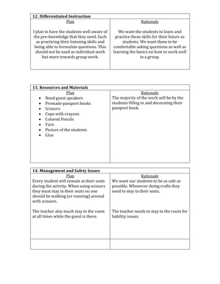 13. Resources and Materials
Plan
 Need guest speakers
 Premade passport books
 Scissors
 Cups with crayons
 Colored Pencils
 Yarn
 Picture of the students
 Glue
Rationale
The majority of the work will be by the
students filling in and decorating their
passport book.
14. Management and Safety Issues
Plan
Every student will remain at their seats
during the activity. When using scissors
they must stay in their seats no one
should be walking (or running) around
with scissors.
The teacher also much stay in the room
at all times while the guest is there.
Rationale
We want our students to be as safe as
possible. Whenever doing crafts they
need to stay in their seats.
The teacher needs to stay in the room for
liability issues.
12. Differentiated Instruction
Plan
I plan to have the students well aware of
the pre-knowledge that they need. Such
as practicing their listening skills and
being able to formulate questions. This
should not be used as individual work
but more towards group work.
Rationale
We want the students to learn and
practice these skills for their future as
students. We want them to be
comfortable asking questions as well as
learning the basics on how to work well
in a group.
 