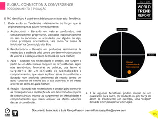Global
Connection &
Convergence
O TRC identiﬁcou 4 quadrantes básicos para situar esta Tendência:
1.  Onde estão as Tendências relativamente às forças que as
originaram e que as guiam, nomeadamente:
a.  Aspiracional - Baseado em valores profundos, mas
simultaneamente progressivos, adotados espontaneamente
no seio da sociedade, ou articulados por alguém ou algo,
como princípios orientadores, tais como “a busca da
felicidade” na Constituição dos EUA;
b.  Revolucionário – Baseado em profundos sentimentos de
revolta (ou a ausência dela) contra um determinado conjunto
de valores e o desejo ardente de mudá-los para melhor;
c.  Ação – Baseado nas necessidades e desejos que surgem a
partir de um determinado conjunto de circunstâncias, sejam
elas econômicas, ﬁnanceiras ou políticas, que levam ao
surgimento de um conjunto de Mentalidades e
comportamentos, que visam explorar essas circunstâncias –
Baseado num profundo sentimento de revolta contra um
dado conjunto de valores (ou a sua ausência) e ao desejo
ardente de alterá-los para melhor;
d.  Reação – Baseado nas necessidades e desejos para contrariar
as consequências e implicações de um determinado conjunto
de circunstâncias levando ao surgimento de Mentalidades e
comportamentos que visam atenuar os efeitos adversos
dessas circunstâncias.
2.  E se algumas Tendências podem mudar de um
quadrante para outro, por mutação ou por força de
assim se estabelecer; por exemplo, uma “reação”
deixa de o ser para passar a ser ação.
WORLD
TREND
REPORT
2012 / 2013
GLOBAL CONNECTION & CONVERGENCE
POSICIONAMENTO E EVOLUÇÃO
115
Documento licenciado a Luis Rasquilha com o email luis.rasquilha@ayrww.com
 