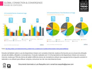 Fonte: http://blog.nielsen.com/nielsenwire/online_mobile/in-the-u-s-tablets-are-tv-buddies-while-ereaders-make-great-bedfellows/
Estudos da Nielsen sobre o uso de dispositivos móveis com conexão à Internet, revela as formas de uso e os locais de utilização
através de tablets, eReaders e smartphones. O estudo realizado com 12 mil proprietários de dispositivos móveis com acesso à
Internet, revela que 70% dos donos de tablet e 68% dos donos de smartphone utilizam seus equipamentos enquanto assistem à
televisão; e os utilizam para efetuar compras, comunicar-se e ler nos mais diversos locais.
WORLD
TREND
REPORT
2012 / 2013
GLOBAL CONNECTION & CONVERGENCE
REVISÃO DE CONTEÚDOS
117
Documento licenciado a Luis Rasquilha com o email luis.rasquilha@ayrww.com
 