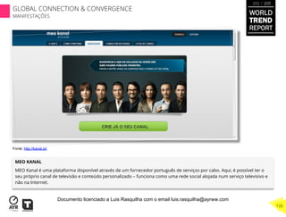 MEO KANAL
MEO Kanal é uma plataforma disponível através de um fornecedor português de serviços por cabo. Aqui, é possível ter o
seu próprio canal de televisão e conteúdo personalizado – funciona como uma rede social alojada num serviço televisivo e
não na Internet.
Fonte: http://kanal.pt/
WORLD
TREND
REPORT
2012 / 2013
126
GLOBAL CONNECTION & CONVERGENCE
MANIFESTAÇÕES
Documento licenciado a Luis Rasquilha com o email luis.rasquilha@ayrww.com
 