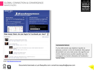 FACEANONYMOUS
É uma rede social, cujo objetivo é ajudar as
pessoas a vencer o vício do Facebook. Mas apesar
de também ser uma rede social, não signiﬁca ser
contra. Apenas busca auxiliar aqueles que não
conseguem se manter afastados do Facebook e
outras redes.
Fonte: http://faceanonymous.com
WORLD
TREND
REPORT
2012 / 2013
132
GLOBAL CONNECTION & CONVERGENCE
MANIFESTAÇÕES
Documento licenciado a Luis Rasquilha com o email luis.rasquilha@ayrww.com
 