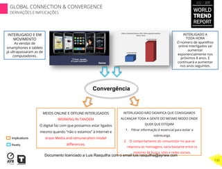 Reality
Implications
Convergência
INTERLIGADO A
TODA HORA
O número de aparelhos
online interligados vai
aumentar
exponencialmente nos
próximos 8 anos. E
continuará a aumentar
nos anos seguintes.
	
  
14.000.000.000
50.000.000.000
Online	
  Connected	
  Devices	
  2012-­‐ 2020	
  projected	
  evolution
Source:	
  CiscoINTERLIGADO E EM
MOVIMENTO
As vendas de
smartphones e tablets
já ultrapassaram as de
computadores.
MEIOS ONLINE E OFFLINE INTERLIGADOS
WORKING IN TANDEM
O digital faz com que possamos estar ligados
mesmo quando “não o estamos” à Internet e
erase Media and remuneration model
diﬀerences.
INTERLIGADO NÃO SIGNIFICA QUE CONSIGAMOS
ALCANÇAR TODA A GENTE DO MESMO MODO ONDE
QUER QUE ESTEJAM
1.  Filtrar informação é essencial para evitar a
sobrecarga.
2.  O comportamento do consumidor no que se
relaciona às mensagens, varia bastante entre os
motores de busca, sites e redes sociais.
WORLD
TREND
REPORT
2012 / 2013
135
GLOBAL CONNECTION & CONVERGENCE
DERIVAÇÕES E IMPLICAÇÕES
Documento licenciado a Luis Rasquilha com o email luis.rasquilha@ayrww.com
 
