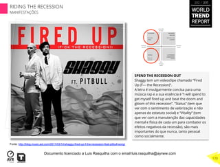 SPEND THE RECESSION OUT
Shaggy tem um videoclipe chamado “Fired
Up (F--- the Recession)”.
A letra é invulgarmente concisa para uma
música rap e a sua essência é “I will spend to
get myself ﬁred up and beat the doom and
gloom of this recession”. “Status” (tem que
ver com o sentimento de valorização e não
apenas de estatuto social) e “Vitality” (tem
que ver com a manutenção das capacidades
mental e física de cada um para combater os
efeitos negativos da recessão), são mais
importantes do que nunca, tanto pessoal
como socialmente.
Fonte: http://blog.music.aol.com/2011/03/14/shaggy-fired-up-f-the-recession-feat-pitbull-song/
WORLD
TREND
REPORT
2012 / 2013
170
RIDING THE RECESSION
MANIFESTAÇÕES
Documento licenciado a Luis Rasquilha com o email luis.rasquilha@ayrww.com
 