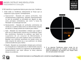 O TRC identiﬁcou 4 quadrantes básicos para situar esta Tendência:
1.  Onde estão as Tendências relativamente às forças que as
originaram e que as guiam, nomeadamente:
a.  Aspiracional - Baseado em valores profundos, mas
simultaneamente progressivos, adotados espontaneamente
no seio da sociedade, ou articulados por alguém ou algo,
como princípios orientadores, tais como “a busca da
felicidade” na Constituição dos EUA;
b.  Revolucionário – Baseado em profundos sentimentos de
revolta (ou a ausência dela) contra um determinado conjunto
de valores e o desejo ardente de mudá-los para melhor;
c.  Ação – Baseado nas necessidades e desejos que surgem a
partir de um determinado conjunto de circunstâncias, sejam
elas econômicas, ﬁnanceiras ou políticas, que levam ao
surgimento de um conjunto de Mentalidades e
comportamentos, que visam explorar essas circunstâncias –
Baseado num profundo sentimento de revolta contra um
dado conjunto de valores (ou a sua ausência) e ao desejo
ardente de alterá-los para melhor;
d.  Reação – Baseado nas necessidades e desejos para contrariar
as consequências e implicações de um determinado conjunto
de circunstâncias levando ao surgimento de Mentalidades e
comportamentos que visam atenuar os feitos adversos
dessas circunstâncias.
2.  E se algumas Tendências podem mudar de um
quadrante para outro, por mutação ou por força de
assim se estabelecer; por exemplo, uma “reação” deixa
de o ser para passar a ser ação.
Anger, Distrust
and Revolution
WORLD
TREND
REPORT
2012 / 2013
191
ANGER, DISTRUST AND REVOLUTION
POSICIONAMENTO E EVOLUÇÃO
Documento licenciado a Luis Rasquilha com o email luis.rasquilha@ayrww.com
 