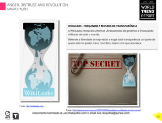 WIKILEAKS - FORÇANDO A MOSTRA DE TRANSPARÊNCIA
A WikiLeaks revela documentos ultrassecretos de governos e instituições
militares de todo o mundo.
Defende a liberdade de expressão e exige total transparência por parte de
quem está no poder. Caso contrário, fazem com que aconteça.
Fonte: http://wikileaks.org/
Fonte: http://www.ianyanmag.com/2011/09/03/revelations-wikileaks-and-armenia//
WORLD
TREND
REPORT
2012 / 2013
203
ANGER, DISTRUST AND REVOLUTION
MANIFESTAÇÕES
Documento licenciado a Luis Rasquilha com o email luis.rasquilha@ayrww.com
 