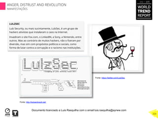 LULZSEC
Lulz Security, ou mais sucintamente, LulzSec, é um grupo de
hackers ativistas que instalaram o caos na Internet.
Invadiram o site Fox.com, o LinkedIN, a Sony, a Nintendo, entre
outros. Mas ao contrário de muitos hackers, não o ﬁzeram por
diversão, mas sim com propósitos políticos e sociais, como
forma de lutar contra a corrupção e o racismo nas instituições.
Fonte: http://lulzsecbrazil.net/
Fonte: https://twitter.com/LulzSec
WORLD
TREND
REPORT
2012 / 2013
204
ANGER, DISTRUST AND REVOLUTION
MANIFESTAÇÕES
Documento licenciado a Luis Rasquilha com o email luis.rasquilha@ayrww.com
 
