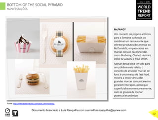McFANCY
Um conceito de projeto artístico
para a Semana da Moda, ao
combinar um restaurante que
oferece produtos dos menus do
McDonald’s, empacotados em
marcas de luxo reconhecidas
como Burberry, Chanel, Hermés,
Dolce & Gabana e Paul Smith.
Apesar desta ideia ter sido para
um público mais seleto, o
conceito de associar marcas de
luxo à uma marca de fast food,
mostra a importância das
grandes marcas comunicarem e
gerarem interação, ainda que
superﬁcial e momentaneamente,
com os grupos de menor
potencial económico.
Fonte: http://www.eatdrinkchic.com/post.cfm/mcfancy
BOTTOM OF THE SOCIAL PYRAMID
MANIFESTAÇÕES
WORLD
TREND
REPORT
2012 / 2013
221
Documento licenciado a Luis Rasquilha com o email luis.rasquilha@ayrww.com
 