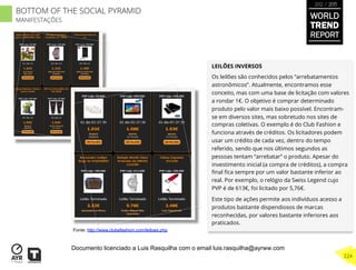 LEILÕES INVERSOS
Os leilões são conhecidos pelos “arrebatamentos
astronômicos”. Atualmente, encontramos esse
conceito, mas com uma base de licitação com valores
a rondar 1€. O objetivo é comprar determinado
produto pelo valor mais baixo possível. Encontram-
se em diversos sites, mas sobretudo nos sites de
compras coletivas. O exemplo é do Club Fashion e
funciona através de créditos. Os licitadores podem
usar um crédito de cada vez, dentro do tempo
referido, sendo que nos últimos segundos as
pessoas tentam “arrebatar” o produto. Apesar do
investimento inicial (a compra de créditos), a compra
ﬁnal ﬁca sempre por um valor bastante inferior ao
real. Por exemplo, o relógio da Swiss Legend cujo
PVP é de 613€, foi licitado por 5,76€.
Este tipo de ações permite aos indivíduos acesso a
produtos bastante dispendiosos de marcas
reconhecidas, por valores bastante inferiores aos
praticados.
Fonte: http://www.clubefashion.com/leiloes.php
BOTTOM OF THE SOCIAL PYRAMID
MANIFESTAÇÕES
WORLD
TREND
REPORT
2012 / 2013
224
Documento licenciado a Luis Rasquilha com o email luis.rasquilha@ayrww.com
 