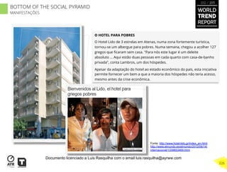 O HOTEL PARA POBRES
O Hotel Lido de 3 estrelas em Atenas, numa zona fortemente turística,
tornou-se um albergue para pobres. Numa semana, chegou a acolher 127
gregos que ﬁcaram sem casa. "Para nós este lugar é um deleite
absoluto ... Aqui estão duas pessoas em cada quarto com casa-de-banho
privada", conta Lambros, um dos hóspedes.
Apesar da adaptação do hotel ao estado econômico do país, esta iniciativa
permite fornecer um bem a que a maioria dos hóspedes não teria acesso,
mesmo antes da crise econômica.
Fonte: http://www.hotel-lido.gr/index_en.html
http://www.elmundo.es/elmundo/2012/06/14/
internacional/1339653469.html
BOTTOM OF THE SOCIAL PYRAMID
MANIFESTAÇÕES
WORLD
TREND
REPORT
2012 / 2013
226
Documento licenciado a Luis Rasquilha com o email luis.rasquilha@ayrww.com
 