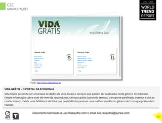 VIDA GRÁTIS – O PORTAL DA ECONOMIA
Vida Grátis pretende ser uma base de dados de sites, locais e serviços que podem ser realizados neste gênero de mercado.
Desde informação sobre sites de revenda de produtos, serviços grátis (banco do tempo), transporte partilhado, eventos e até ao
conhecimento. Existe uma biblioteca de links que possibilita às pessoas uma melhor escolha no gênero de troca que pretendem
realizar.
Fonte: http://www.vidagratis.pt.la/
WORLD
TREND
REPORT
2012 / 2013
253
C2C
MANIFESTAÇÕES
Documento licenciado a Luis Rasquilha com o email luis.rasquilha@ayrww.com
 