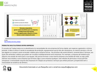 PERMUTAS MULTILATERAIS ENTRE EMPRESAS
O conceito da Tradaq traduz-se no atendimento às necessidades de uma empresa de forma rápida, sem esperas e gastando o mínimo
possível. A ideia é colocar à venda os excedentes de produção, equipamentos que já não são necessários, ou mesmo serviços, a ﬁm de
que alguém os compre e assim arrecadar créditos para compras futuras. No processo não existe dinheiro, somente bens e serviços, aos
quais são atribuídos créditos que podem ser trocados multilateralmente entre empresas. Por exemplo, a empresa de hotelaria que
adquire uma sessão de treino para a sua equipe, não precisa fornecer a esta mesma empresa uma estadia de hotel, ou seja, pode
oferecer essa estadia a outra empresa que forneceu algo a outra empresa qualquer. Este método de permutas e trocas permite
ultrapassar a necessidade conjunta das empresas em relação aos produtos e serviços que ambas possuem, prosperando sem a
necessidade da existência de dinheiro.
Fonte:
http://tradaq.com.br/a_tradaq/
WORLD
TREND
REPORT
2012 / 2013
254
C2C
MANIFESTAÇÕES
Documento licenciado a Luis Rasquilha com o email luis.rasquilha@ayrww.com
 