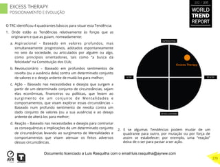 O TRC identiﬁcou 4 quadrantes básicos para situar esta Tendência:
1.  Onde estão as Tendências relativamente às forças que as
originaram e que as guiam, nomeadamente:
a.  Aspiracional - Baseado em valores profundos, mas
simultaneamente progressivos, adotados espontaneamente
no seio da sociedade, ou articulados por alguém ou algo,
como princípios orientadores, tais como “a busca da
felicidade” na Constituição dos EUA;
b.  Revolucionário – Baseado em profundos sentimentos de
revolta (ou a ausência dela) contra um determinado conjunto
de valores e o desejo ardente de mudá-los para melhor;
c.  Ação – Baseado nas necessidades e desejos que surgem a
partir de um determinado conjunto de circunstâncias, sejam
elas econômicas, ﬁnanceiras ou políticas, que levam ao
surgimento de um conjunto de Mentalidades e
comportamentos, que visam explorar essas circunstâncias –
Baseado num profundo sentimento de revolta contra um
dado conjunto de valores (ou a sua ausência) e ao desejo
ardente de alterá-los para melhor;
d.  Reação – Baseado nas necessidades e desejos para contrariar
as consequências e implicações de um determinado conjunto
de circunstâncias levando ao surgimento de Mentalidades e
comportamentos que visam atenuar os feitos adversos
dessas circunstâncias.
2.  E se algumas Tendências podem mudar de um
quadrante para outro, por mutação ou por força de
assim se estabelecer; por exemplo, uma “reação”
deixa de o ser para passar a ser ação.
Excess Therapy
WORLD
TREND
REPORT
2012 / 2013
279
EXCESS THERAPY
POSICIONAMENTO E EVOLUÇÃO
Documento licenciado a Luis Rasquilha com o email luis.rasquilha@ayrww.com
 