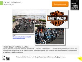 HARLEY - O CULTO E A FORÇA DA MARCA
O culto às marcas cria muitas vezes um estilo de vida à sua volta. Exemplo disso é a força da Harley Davidson, que reúne em
todo o mundo um grupo de fãs de todas as classes, idades e ocupações, que partilham um comportamento criado pela lenda
de liberdade e aventura da marca.
Comportamental
Fonte:
http://www.harley-davidson.com/pt_ PT/
Content/Pages/home.html
WORLD
TREND
REPORT
2012 / 2013
353
CROWD EVERYTHING
MANIFESTAÇÕES
Documento licenciado a Luis Rasquilha com o email luis.rasquilha@ayrww.com
 