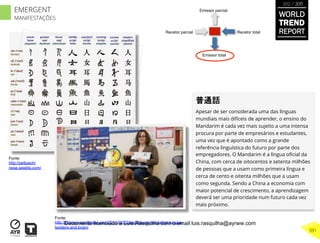 Recetor totalRecetor parcial
Emissor parcial
Emissor total
普通話
Apesar de ser considerada uma das línguas
mundiais mais difíceis de aprender, o ensino do
Mandarim é cada vez mais sujeito a uma intensa
procura por parte de empresários e estudantes,
uma vez que é apontado como a grande
referência linguística do futuro por parte dos
empregadores. O Mandarim é a língua oﬁcial da
China, com cerca de oitocentos e setenta milhões
de pessoas que a usam como primeira língua e
cerca de cento e oitenta milhões que a usam
como segunda. Sendo a China a economia com
maior potencial de crescimento, a aprendizagem
deverá ser uma prioridade num futuro cada vez
mais próximo.
Fonte:
http://luizcarv.wordpress.com/2011/02/02/english-pronunciation-tongue-
twisters-and-brain/
Fonte:
http://pettuechi
nese.weebly.com/
WORLD
TREND
REPORT
2012 / 2013
391
EMERGENT
MANIFESTAÇÕES
Documento licenciado a Luis Rasquilha com o email luis.rasquilha@ayrww.com
 