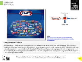 Recetor totalRecetor parcial
Emissor parcial
Emissor total
PARA ALÉM DAS FRONTEIRAS
Diversas marcas e empresas vêm o mercado crescente de países emergentes como uma “boia salva-vidas” dos mercados
estagnados ocidentais. Nesse sentido, são crescentes as marcas que procuram entrar nesses mercados, adaptando-se às suas
necessidades, cultura e economia. Exemplo disso é a Kraft Foods Australia, que está se preparando para o ingresso no
mercado Chinês, dada a emergente classe média nesse país. Este comportamento reforça a ideia da globalização do mercado
e de o “poder global” ser mutável.
Fonte:
http://www.businessuiteonline.com/2012/09/08/kraf ts-
new-grocery-company-plans-marketing-boost-in-search -
of-renaissance/
WORLD
TREND
REPORT
2012 / 2013
394
EMERGENT
MANIFESTAÇÕES
Documento licenciado a Luis Rasquilha com o email luis.rasquilha@ayrww.com
 