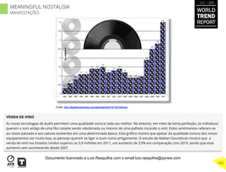 VENDA DE VINIS
As novas tecnologias de áudio permitem uma qualidade sonora cada vez melhor. No entanto, em meio de tanta perfeição, os indivíduos
querem o som antigo de uma ﬁta cassete sendo rebobinada ou mesmo de uma palheta riscando o vinil. Estes sentimentos referem-se
ao nosso passado e aos valores existentes em uma determinada época. Este gráﬁco mostra que apesar da qualidade sonora dos novos
equipamentos ser muito boa, as pessoas querem se ligar e ouvir como antigamente. O estudo de Nielsen Soundscan mostra que a
venda de vinil nos Estados Unidos superou os 3,9 milhões em 2011, um aumento de 3,9% em comparação com 2010, sendo que esse
aumento vem acontecendo desde 2007.
Fonte: http://digitalmusicnews.com/permalink/2012/120104vinyl
WORLD
TREND
REPORT
2012 / 2013
435
MEANINGFUL NOSTALGIA
MANIFESTAÇÕES
Documento licenciado a Luis Rasquilha com o email luis.rasquilha@ayrww.com
 