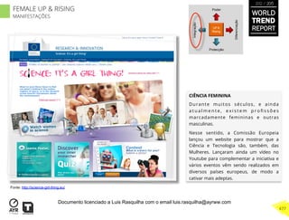 CIÊNCIA FEMININA
Durante muitos séculos, e ainda
a t u a l m e n t e , e x i s t e m p r o ﬁ s s õ e s
marcadamente femininas e outras
masculinas.
Nesse sentido, a Comissão Europeia
lançou um website para mostrar que a
Ciência e Tecnologia são, também, das
Mulheres. Lançaram ainda um vídeo no
Youtube para complementar a iniciativa e
vários eventos vêm sendo realizados em
diversos países europeus, de modo a
cativar mais adeptas.
UP &
Rising
Integração
Diferenciação
Poder
Protecção
Fonte: http://science-girl-thing.eu/
WORLD
TREND
REPORT
2012 / 2013
477
FEMALE UP & RISING
MANIFESTAÇÕES
Documento licenciado a Luis Rasquilha com o email luis.rasquilha@ayrww.com
 