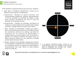 O TRC identiﬁcou 4 quadrantes básicos para situar esta Tendência:
1.  Onde estão as Tendências relativamente às forças que as
originaram e que as guiam, nomeadamente:
a.  Aspiracional - Baseado em valores profundos, mas
simultaneamente progressivos, adotados espontaneamente
no seio da sociedade, ou articulados por alguém ou algo,
como princípios orientadores, tais como “a busca da
felicidade” na Constituição dos EUA;
b.  Revolucionário – Baseado em profundos sentimentos de
revolta (ou a ausência dela) contra um determinado conjunto
de valores e o desejo ardente de mudá-los para melhor;
c.  Ação – Baseado nas necessidades e desejos que surgem a
partir de um determinado conjunto de circunstâncias, sejam
elas econômicas, ﬁnanceiras ou políticas, que levam ao
surgimento de um conjunto de Mentalidades e
comportamentos, que visam explorar essas circunstâncias –
Baseado num profundo sentimento de revolta contra um
dado conjunto de valores (ou a sua ausência) e ao desejo
ardente de alterá-los para melhor;
d.  Reação – Baseado nas necessidades e desejos para contrariar
as consequências e implicações de um determinado conjunto
de circunstâncias levando ao surgimento de Mentalidades e
comportamentos que visam atenuar os feitos adversos
dessas circunstâncias.
2.  E se algumas Tendências podem mudar de um
quadrante para outro, por mutação ou por força de
assim se estabelecer; por exemplo, uma “reação”
deixa de o ser para passar a ser ação.
Urban Nomads
WORLD
TREND
REPORT
2012 / 2013
536
URBAN NOMADS
POSICIONAMENTO E EVOLUÇÃO
Documento licenciado a Luis Rasquilha com o email luis.rasquilha@ayrww.com
 