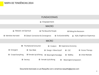 4
MICRO
Empowerment
FUNDACIONAIS
MACRO
The Beautiful People
Global Connection & Convergence
Riding the Recession
EcoSustainability Ação, Exigência e EsperançaIdentities Narrated
Relaxed and Spiritual
Neo Male
Female Up & Rising
Design = Wow Good?
Meaningful Nostalgia WellthyCrowd Everything
Emergent C2C Excess Therapy
	
  Urban	
  Nomads	
  
Female Up & Rising Meaningful CompassionSecrecy
Experience EconomyThe Rational Consumer Coolpon
MAPA	
  DE	
  TENDÊNCIAS	
  2014	
  
INTRO	
  (2)	
  
Documento licenciado a Luis Rasquilha com o email luis.rasquilha@ayrww.com
 