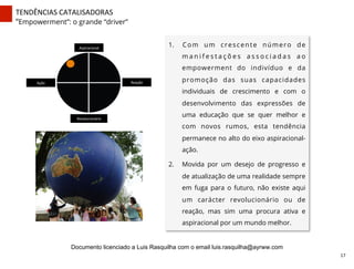 TENDÊNCIAS	
  CATALISADORAS	
  
“Empowerment”: o grande “driver”
Aspiracional	
  
Revolucionário	
  
Ação	
   Reação	
  
1.  Com um crescente número de
m a n i f e s t a ç õ e s a s s o c i a d a s a o
empowerment do indivíduo e da
promoção das suas capacidades
individuais de crescimento e com o
desenvolvimento das expressões de
uma educação que se quer melhor e
com novos rumos, esta tendência
permanece no alto do eixo aspiracional-
ação.
2.  Movida por um desejo de progresso e
de atualização de uma realidade sempre
em fuga para o futuro, não existe aqui
um carácter revolucionário ou de
reação, mas sim uma procura ativa e
aspiracional por um mundo melhor.
17	
  
Documento licenciado a Luis Rasquilha com o email luis.rasquilha@ayrww.com
 