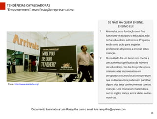 TENDÊNCIAS	
  CATALISADORAS	
  
“Empowerment”: manifestação representativa
Fonte: http://www.akanksha.org/
SE NÃO HÁ QUEM ENSINE,
ENSINO EU!
1.  Akanksha, uma fundação sem ﬁns
lucrativos virada para a educação, não
tinha voluntários suﬁcientes. Preparou
então uma ação para angariar
professores dispostos a ensinar estas
crianças.
2.  O resultado foi um boom nos media e
um aumento signiﬁcativo do número
de voluntários. No dia dos professores,
criaram salas improvisadas em
aeroportos e outros locais e esperaram
que os transeuntes pudessem partilhar
alguns dos seus conhecimentos com as
crianças. Uns ensinaram matemática,
outros inglês, dança, entre várias outras
matérias.
	
  
.	
  	
  	
  
	
  
18	
  
Documento licenciado a Luis Rasquilha com o email luis.rasquilha@ayrww.com
 