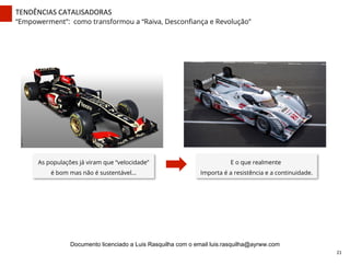 As populações já viram que “velocidade”
é bom mas não é sustentável...
E o que realmente
Importa é a resistência e a continuidade.
TENDÊNCIAS	
  CATALISADORAS	
  
“Empowerment”: como transformou a “Raiva, Desconﬁança e Revolução”
21	
  
Documento licenciado a Luis Rasquilha com o email luis.rasquilha@ayrww.com
 