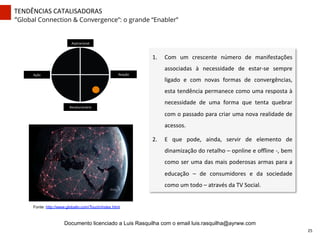 TENDÊNCIAS	
  CATALISADORAS	
  
“Global Connection & Convergence”: o grande “Enabler”
Aspiracional	
  
Revolucionário	
  
Ação	
   Reação	
  
1.  Com	
   um	
   crescente	
   número	
   de	
   manifestações	
  
associadas	
   à	
   necessidade	
   de	
   estar-­‐se	
   sempre	
  
ligado	
   e	
   com	
   novas	
   formas	
   de	
   convergências,	
  
esta	
  tendência	
  permanece	
  como	
  uma	
  resposta	
  à	
  
necessidade	
   de	
   uma	
   forma	
   que	
   tenta	
   quebrar	
  
com	
  o	
  passado	
  para	
  criar	
  uma	
  nova	
  realidade	
  de	
  
acessos.	
  
2.  E	
   que	
   pode,	
   ainda,	
   servir	
   de	
   elemento	
   de	
  
dinamização	
  do	
  retalho	
  –	
  opnline	
  e	
  oﬄine	
  -­‐,	
  bem	
  
como	
  ser	
  uma	
  das	
  mais	
  poderosas	
  armas	
  para	
  a	
  
educação	
   –	
   de	
   consumidores	
   e	
   da	
   sociedade	
  
como	
  um	
  todo	
  –	
  através	
  da	
  TV	
  Social.	
  
Fonte: http://www.globaltv.com/Touch/index.html
25	
  
Documento licenciado a Luis Rasquilha com o email luis.rasquilha@ayrww.com
 