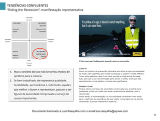 Capacidade
de resistir
Raiva
Amargura
Defesa
Orientação
colectiva
Para poder
superar
UM MUNDO
MELHOR
Mais justo e mais
sustentável
VITALIDADE
Sentir-me
valorizado
Garantia
STATUS AUTORIDADE
COMPROVADA
Orientação
individual
4.  Mas o conceito do luxo não se tornou motivo de
opróbrio para a maioria.
5.  Se bem trabalhado, ele representa qualidade,
durabilidade, permanência e, sobretudo, aqueles
que melhor o fazem e representam, passam a ser
ﬁguras de Autoridade Comprovada a serviço de
causas importantes.
TENDÊNCIAS	
  CONFLUENTES	
  
“Riding the Recession”: manifestação representativa
35	
  
Documento licenciado a Luis Rasquilha com o email luis.rasquilha@ayrww.com
 