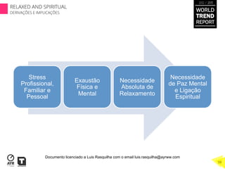 Stress
Profissional,
Familiar e
Pessoal
Necessidade
de Paz Mental
e Ligação
Espiritual
Exaustão
Física e
Mental
Necessidade
Absoluta de
Relaxamento
WORLD
TREND
REPORT
2012 / 2013
RELAXED AND SPIRITUAL
DERIVAÇÕES E IMPLICAÇÕES
59
Documento licenciado a Luis Rasquilha com o email luis.rasquilha@ayrww.com
 