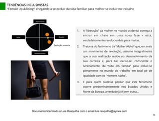 TENDÊNCIAS	
  INCLUSIVISTAS	
  
“Female Up &Rising”: chegando a se excluir da vida familiar para melhor se incluir no trabalho
1.  A “liberação” da mulher no mundo ocidental começa a
entrar em cheio em uma nova fase – esta,
verdadeiramente revolucionária para muitas.
2.  Trata-se do fenómeno da “Mulher Alpha” que, em mais
um movimento de revolução, assume integralmente
que a sua realização reside no desenvolvimento da
sua carreira e, para tal, exclui-se, consciente e
serenamente, da “vida em família” para incluir-se
plenamente no mundo do trabalho em total pé de
igualdade com os “Homens Alpha”.
3.  E para quem pudesse pensar que este fenómeno
ocorre predominantemente nos Estados Unidos e
Norte da Europa, a verdade já é bem outra...
Aspiracional	
  
Revolucionário	
  
Ação	
   Reação	
  
Evolução	
  prevista	
  
56	
  
Documento licenciado a Luis Rasquilha com o email luis.rasquilha@ayrww.com
 