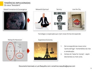 TENDÊNCIAS	
  IMPULSIONADAS	
  
Os seus “boosters”
Relaxed & Spiritual Secrecy Live the CityGlobal Connection & Convergence
Tecnologia e cooperação que criam novas formas de expansão
Capacidade
de resistir
Raiva
Amargura
Defesa
Orientação
colectiva
Para poder
superar
UM MUNDO
MELHOR
Mais justo e mais
sustentável
VITALIDADE
Sentir-me
valorizado
Garantia
STATUS AUTORIDADE
COMPROVADA
Orientação
individual
Riding the Recession Experience Economy
1.  Dar-se experiências novas como
“ponto-de-fuga” momentâneo da crise
e revitalização;
2.  Certeza do “value for money” – sejam
elas baratas ou mais caras.
1	
   2	
  
71	
  
Documento licenciado a Luis Rasquilha com o email luis.rasquilha@ayrww.com
 